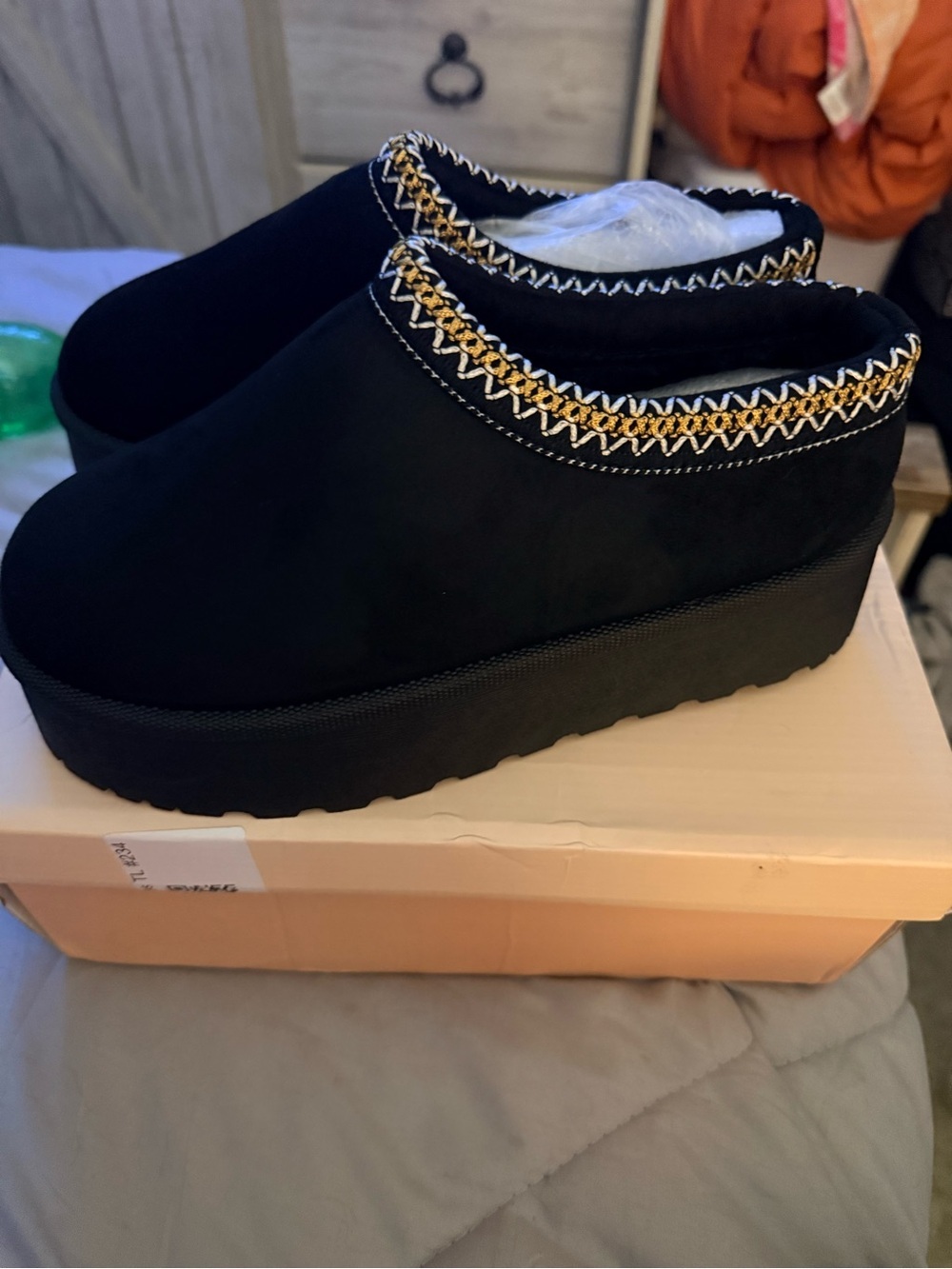 Glaze Black Platform Slip-On Shoes with Gold Trim - Picture 2 of 4